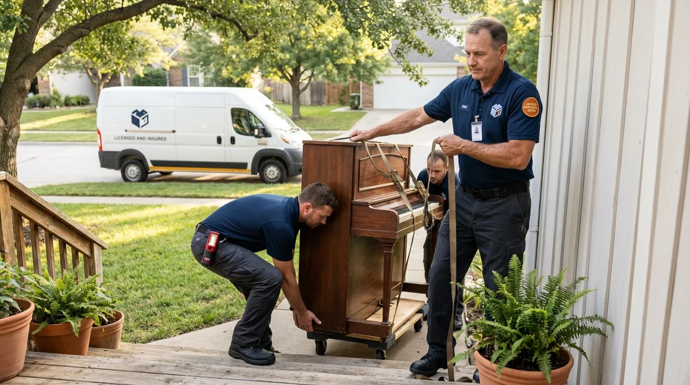 Licensed piano movers securing grand piano in Crescent, OK