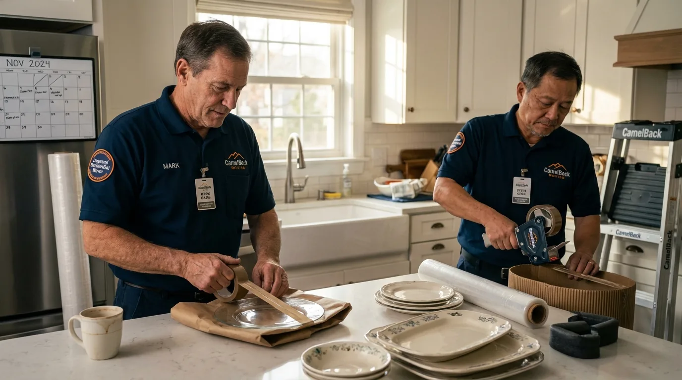 Professional crew packing kitchen dishware in Crescent, OK